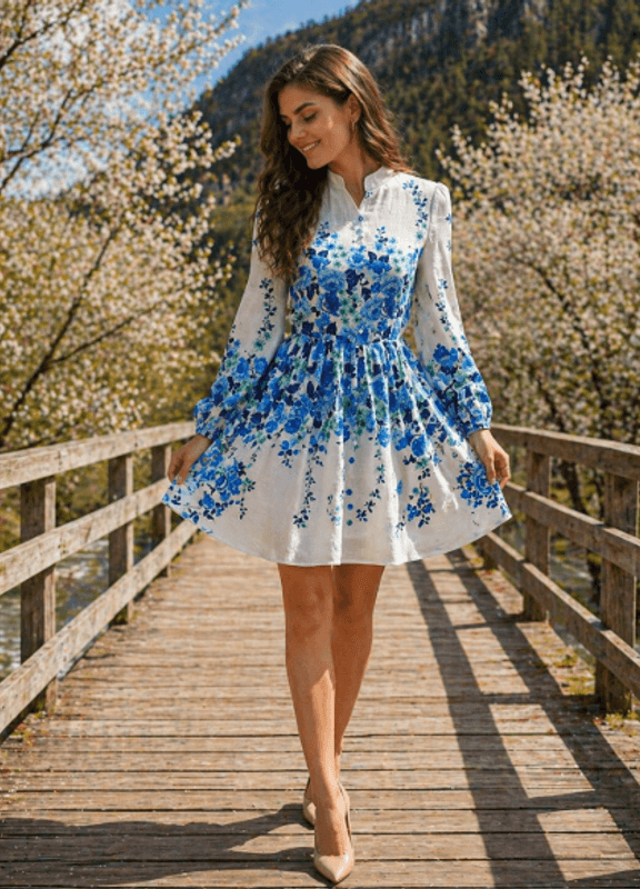 Zaria blå blomstrete kjole